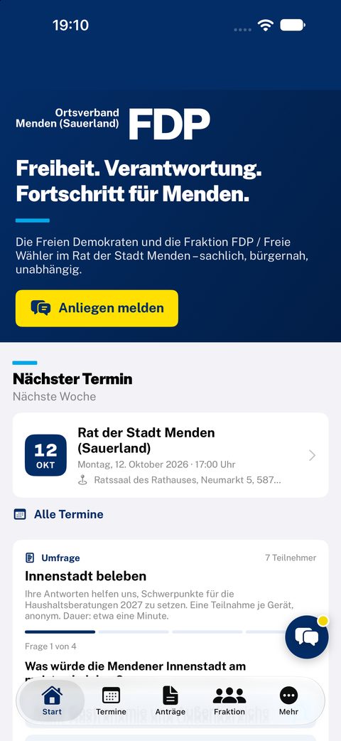 Startseite der App mit nächstem Termin