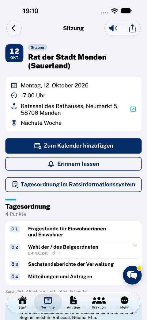 Ratssitzung mit Tagesordnung