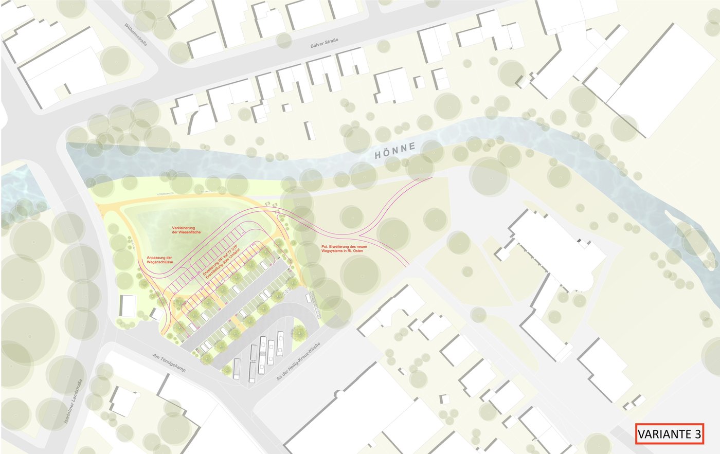 Lageplan Battenfeldswiese Variante 3: kleinere Wiesenfläche, Erweiterung Parkplatz auf 77 Stellplätze, neuer Uferweg Richtung Osten